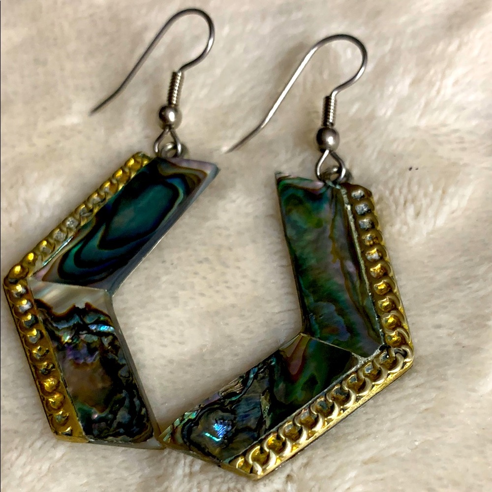 Vintage Abalone Shell Geometric Earrings with Gold Trim Signed Alpaca Mexico